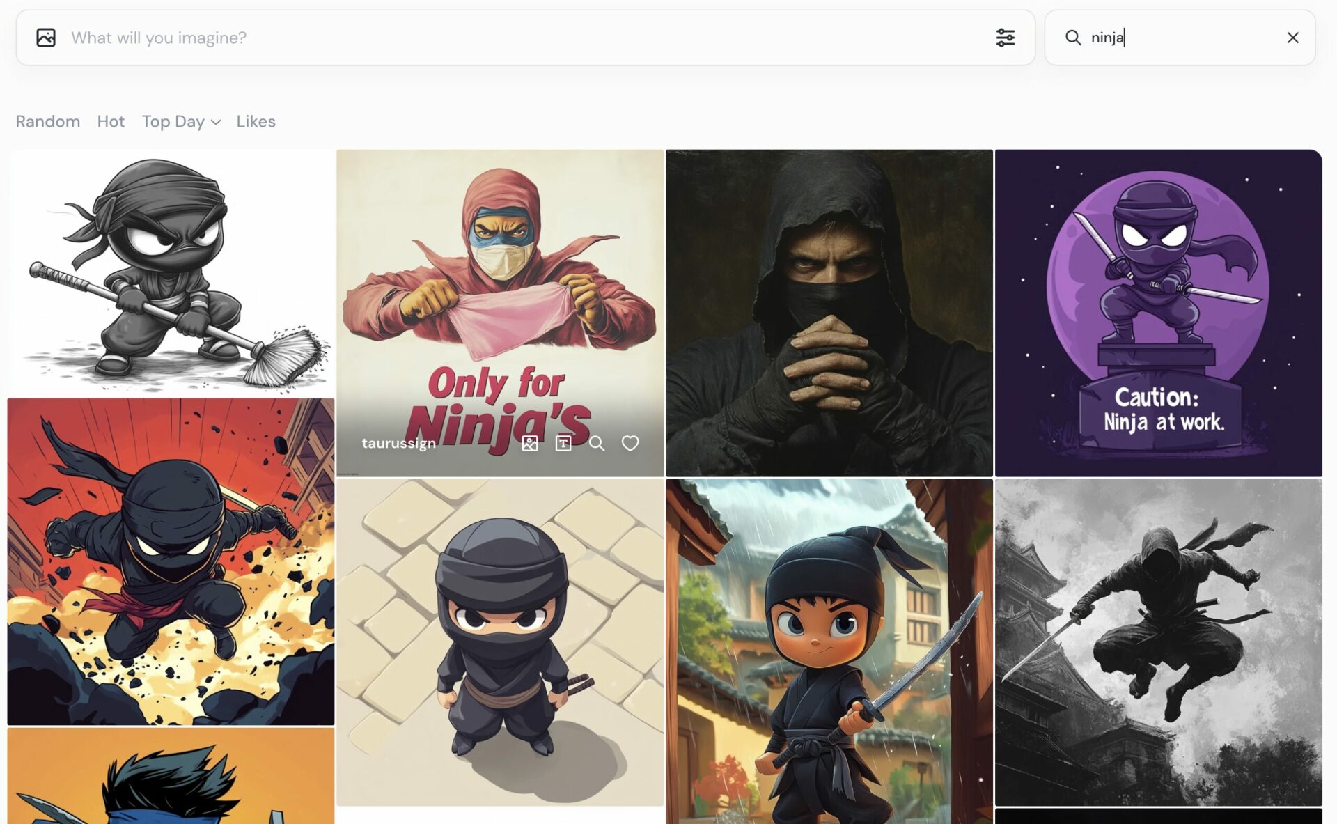 Midjourneyの検索機能で「ninja」と検索した結果