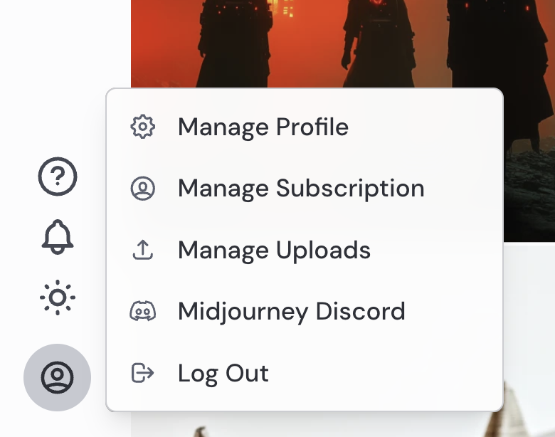 Midjourneyの「Manage Subscription」の場所