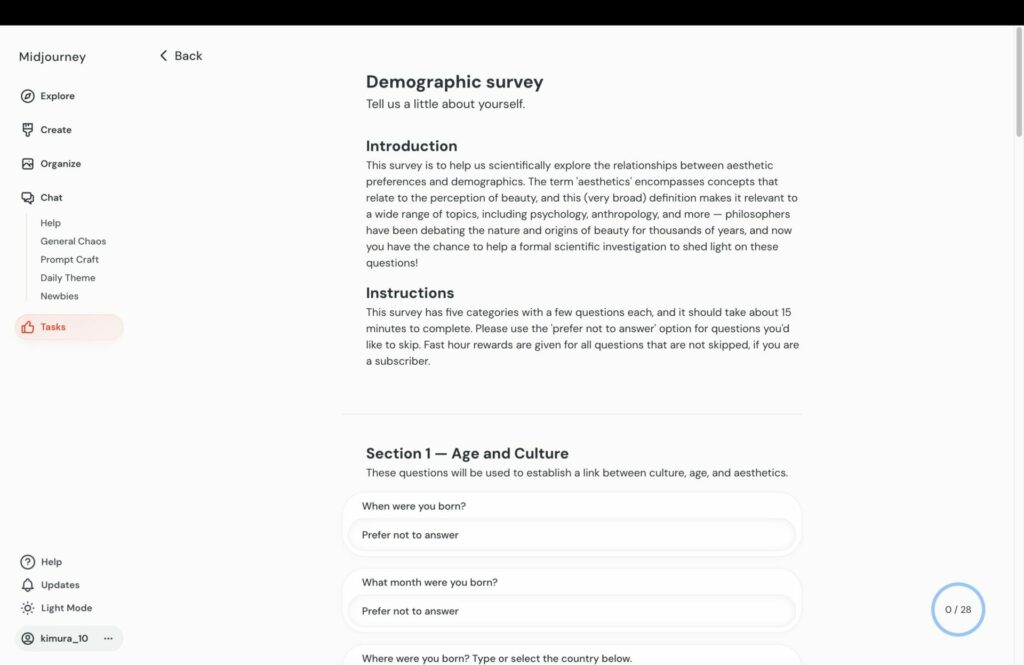 MidjourneyのTasks「Survey」のDemographic survey」