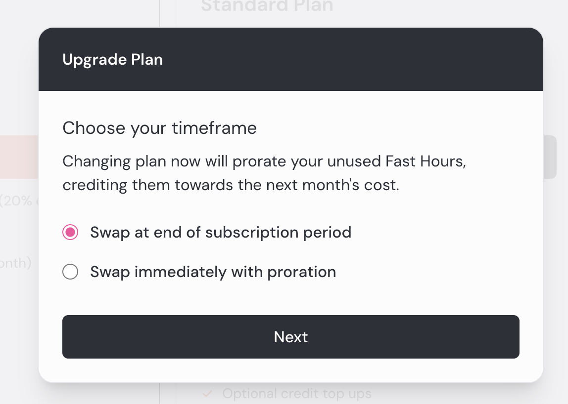 「Change Plan」クリック後のポップアップ