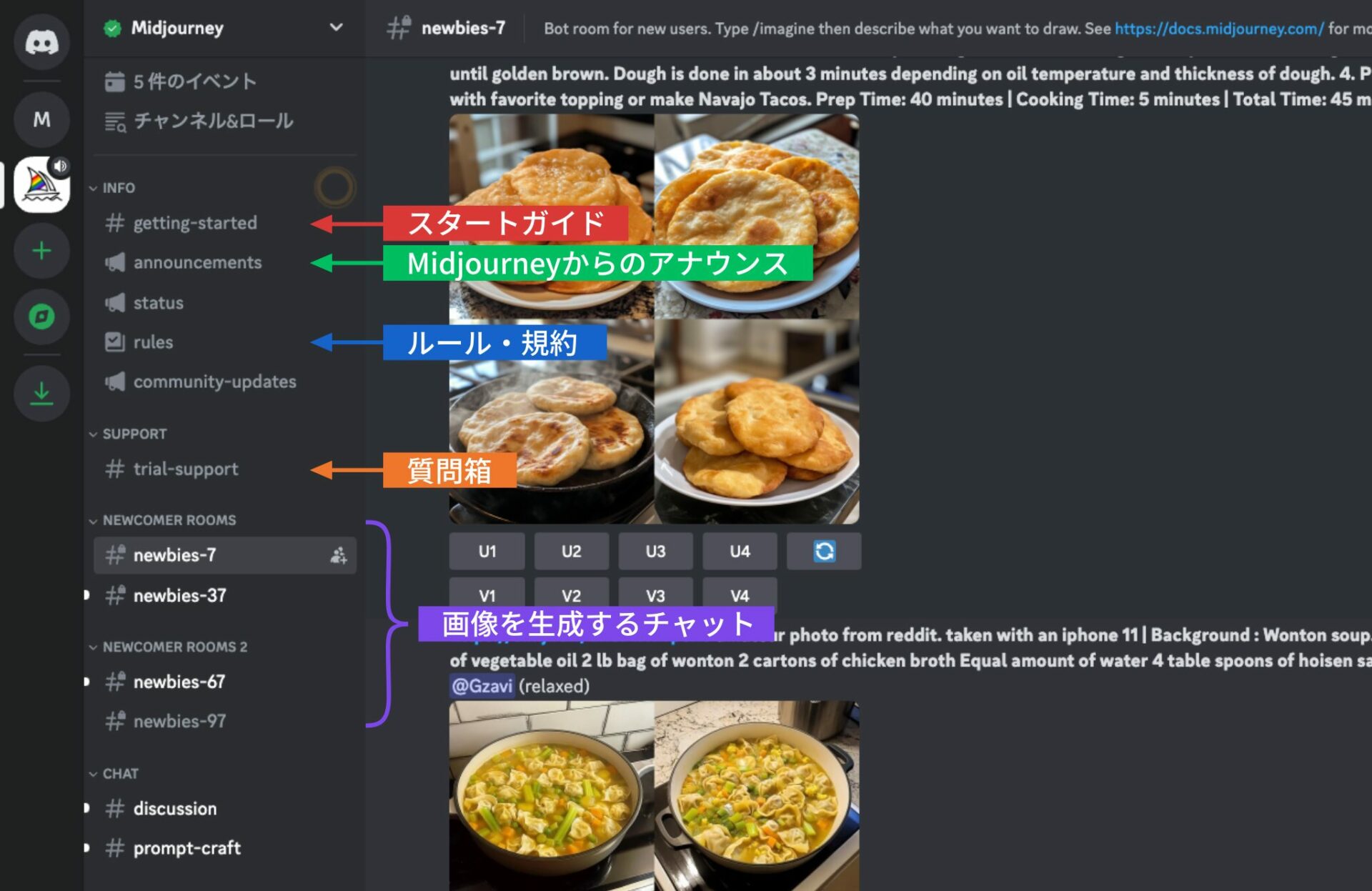 DiscordでMidjourneyを利用するときおもに使うチャット