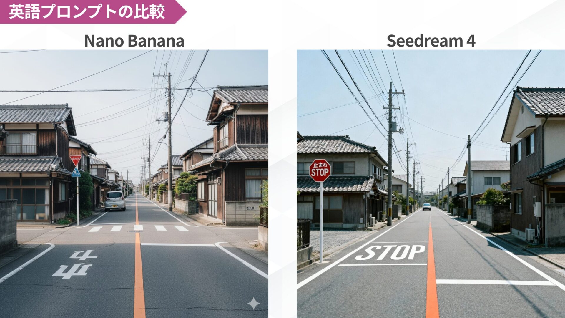 英語プロンプトで生成した画像の比較:Nano BananaとSeedream 4による日本の街並み描写