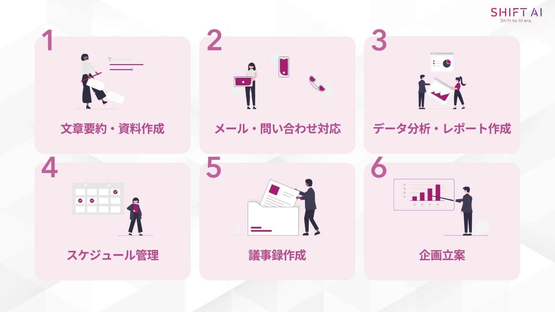 生成AIを活用して効率化できる6つの仕事(文章要約・資料作成/メール・問い合わせ対応/データ分析・レポート作成/スケジュール管理/会議議事録作成/企画立案)