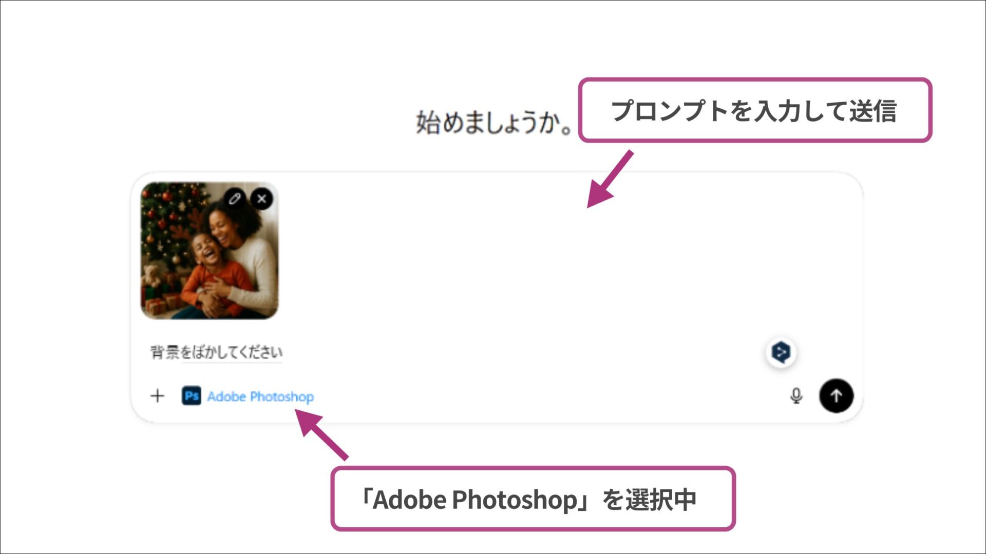 ChatGPTのチャット欄でAdobe Photoshopにプロンプトを送信する手順