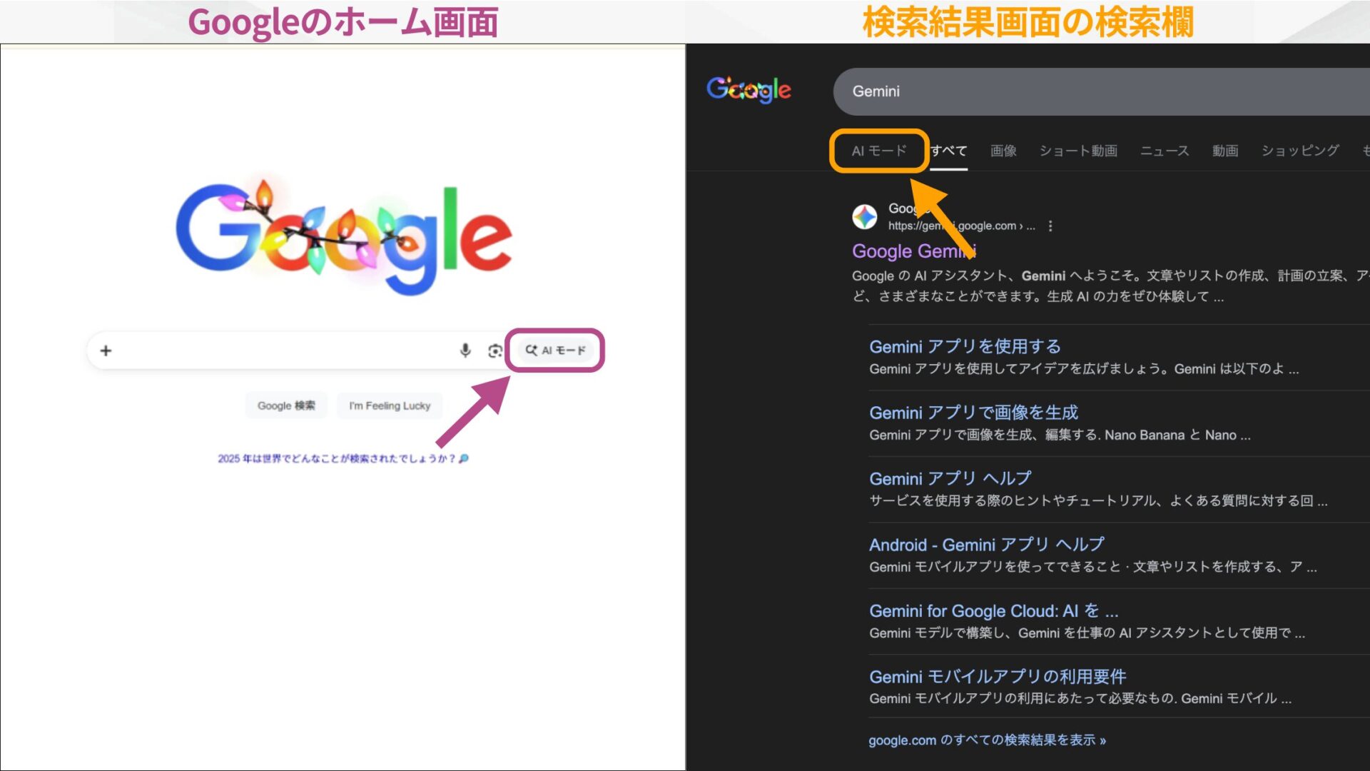 Googleのホーム画面とGoogle検索結果画面における「AIモード」の表示