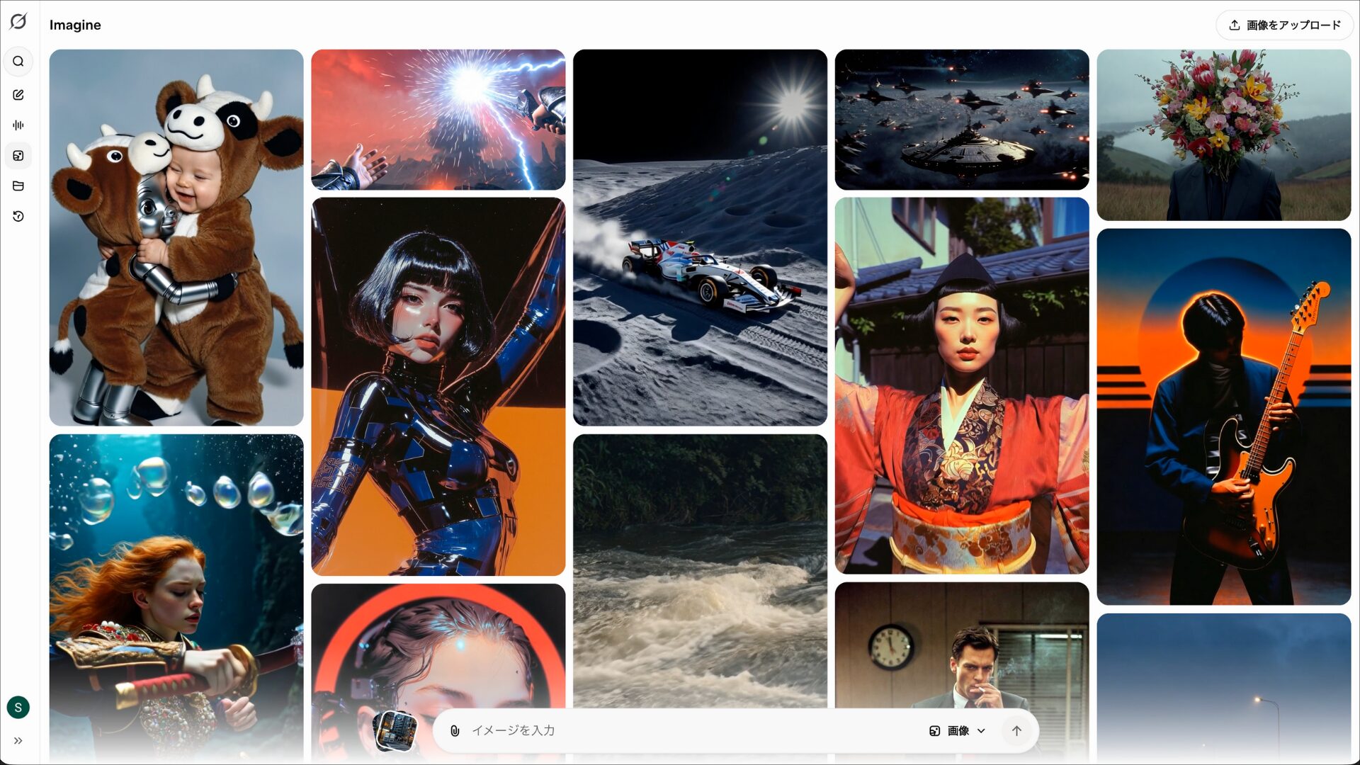 grok 動画生成のギャラリー画面。AIで生成された多様な人物や風景の画像が一覧表示されている様子。