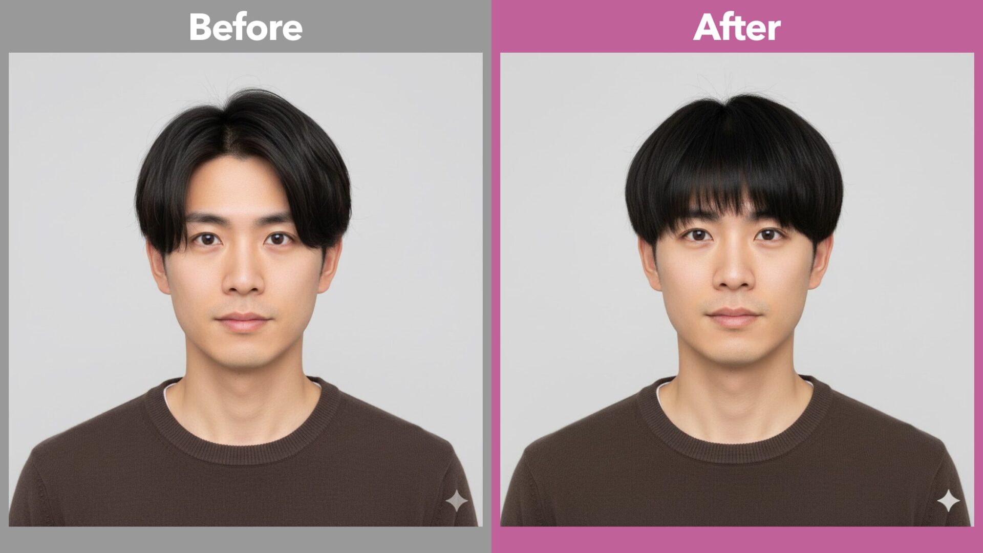 Geminiで男性の髪型を変更した実例：センターパートからマッシュヘアへの変化比較