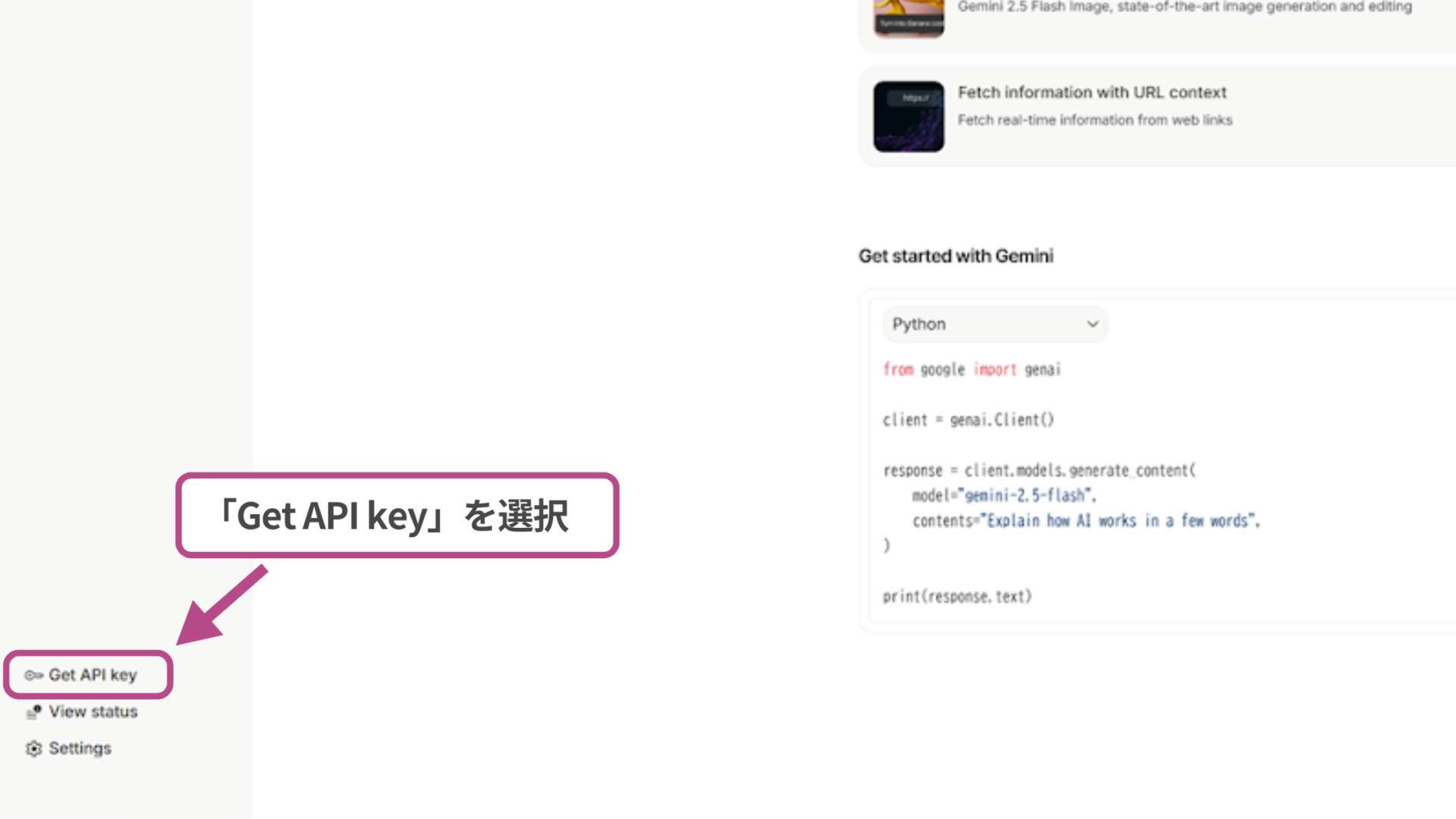 Google AI StudioのAPIキーを取得する方法(ステップ1：APIキーを作成する-Google AI Studioの左側メニューから「Get API Key」を選択)