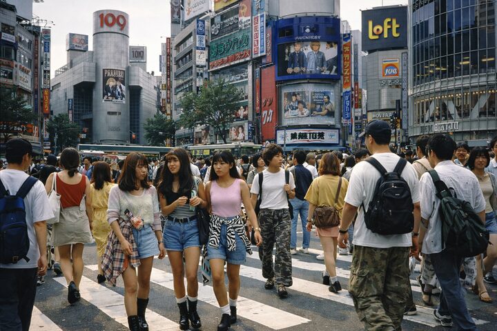 ChatGPT「Images」の活用事例:1990年代の東京・渋谷の街並みや、当時のファッションをした人々で賑わうスクランブル交差点を再現した画像