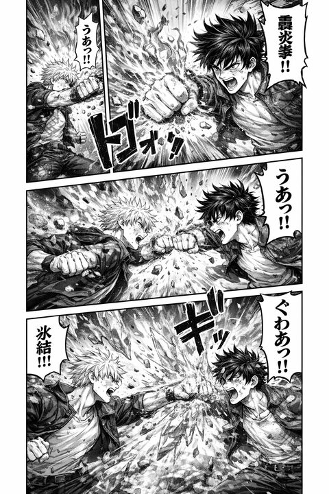 ChatGPT「Images」の活用事例:激しいバトルシーンを描いたモノクロの漫画原稿風画像