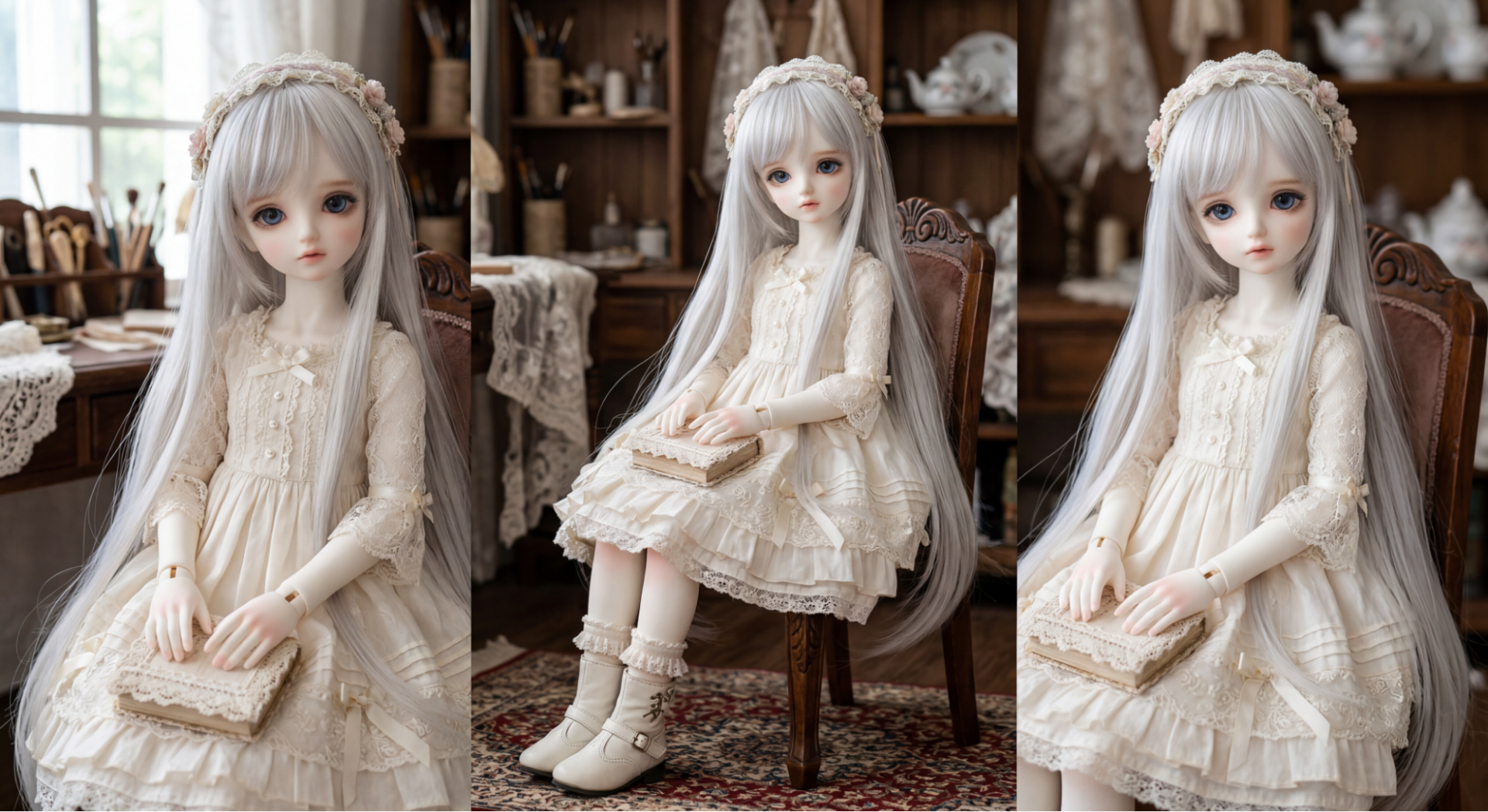 Nano Banana 2の実践例。白いドレスを着た銀髪人形。着せ替えによる一貫性を検証するためのベース画像。