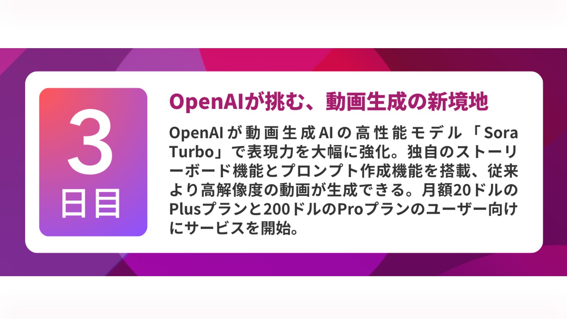 第3弾:動画生成AI「Sora」が一般公開(12月10日)