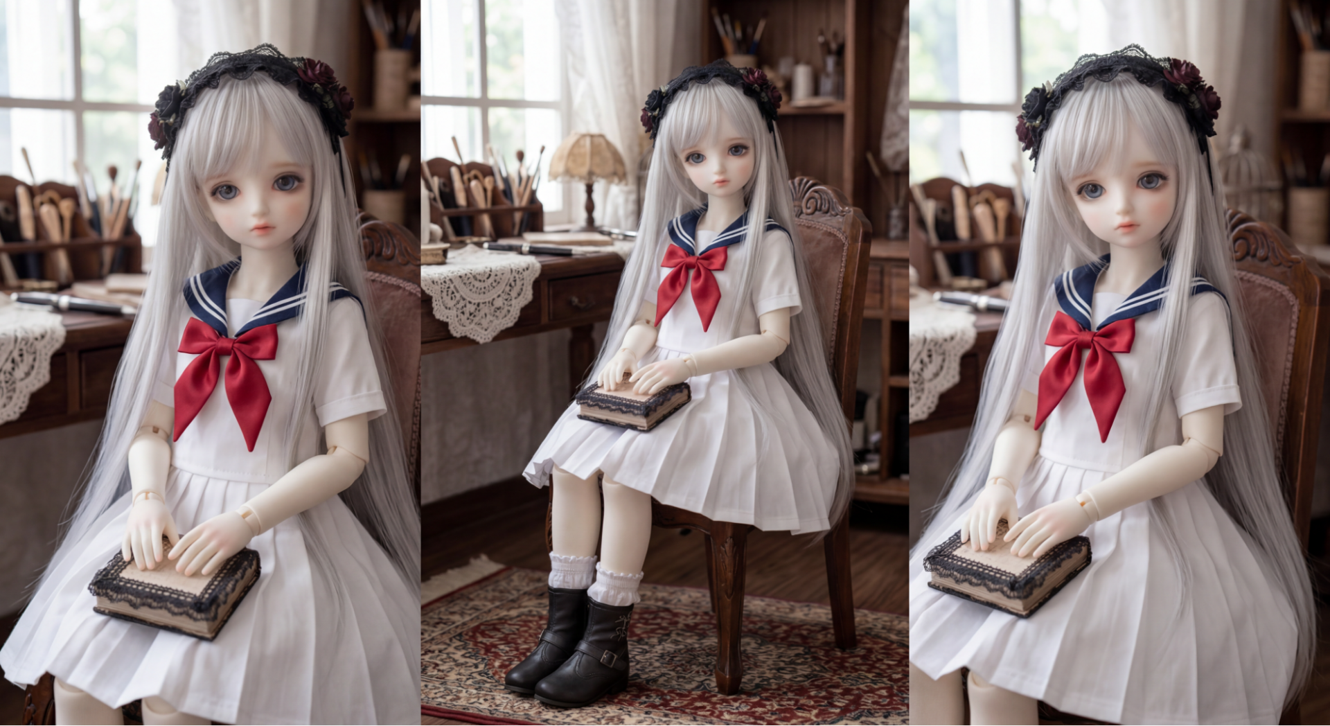 人形の着せ替え検証。同一モデルのまま服装を制服へと変更。Nano Banana 2の高い生成一貫性を示す。