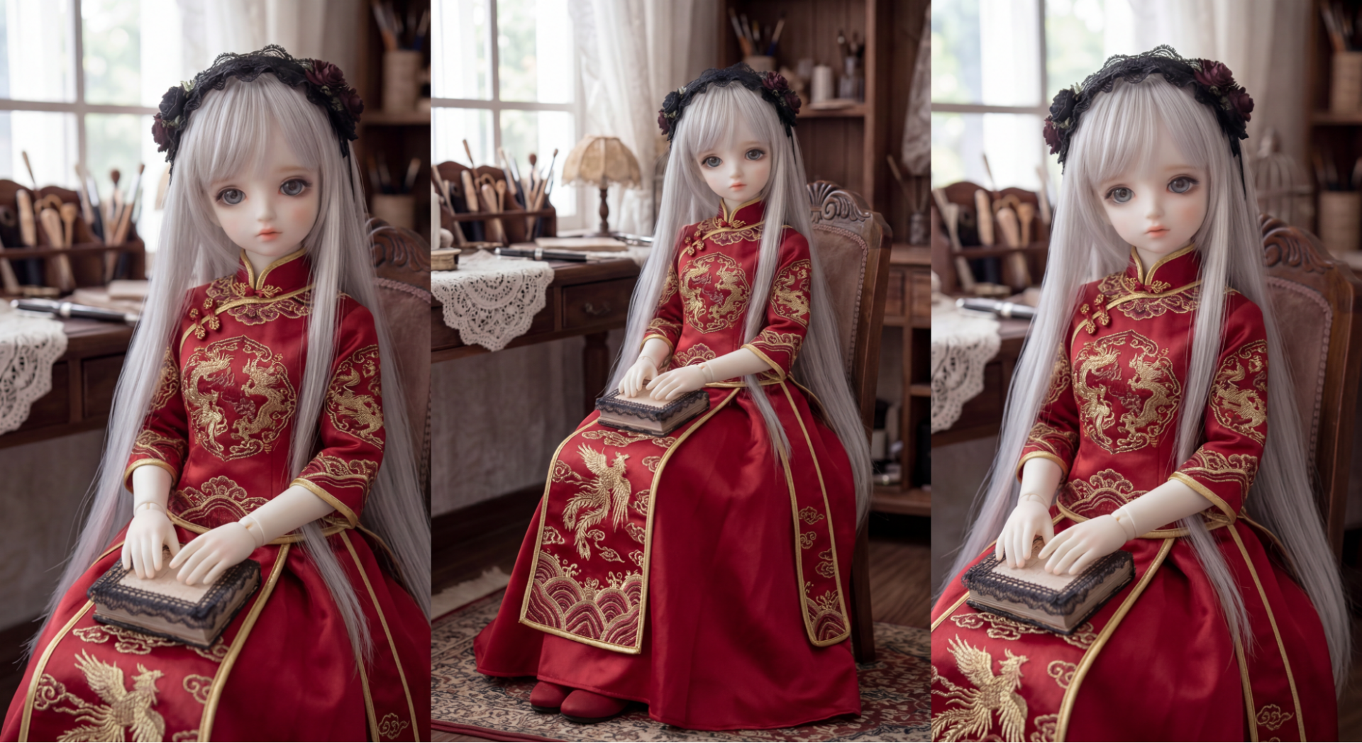 人形の着せ替え検証。赤いチャイナドレスへの変更。衣装が変わっても人形の特徴や背景の雰囲気は保持。