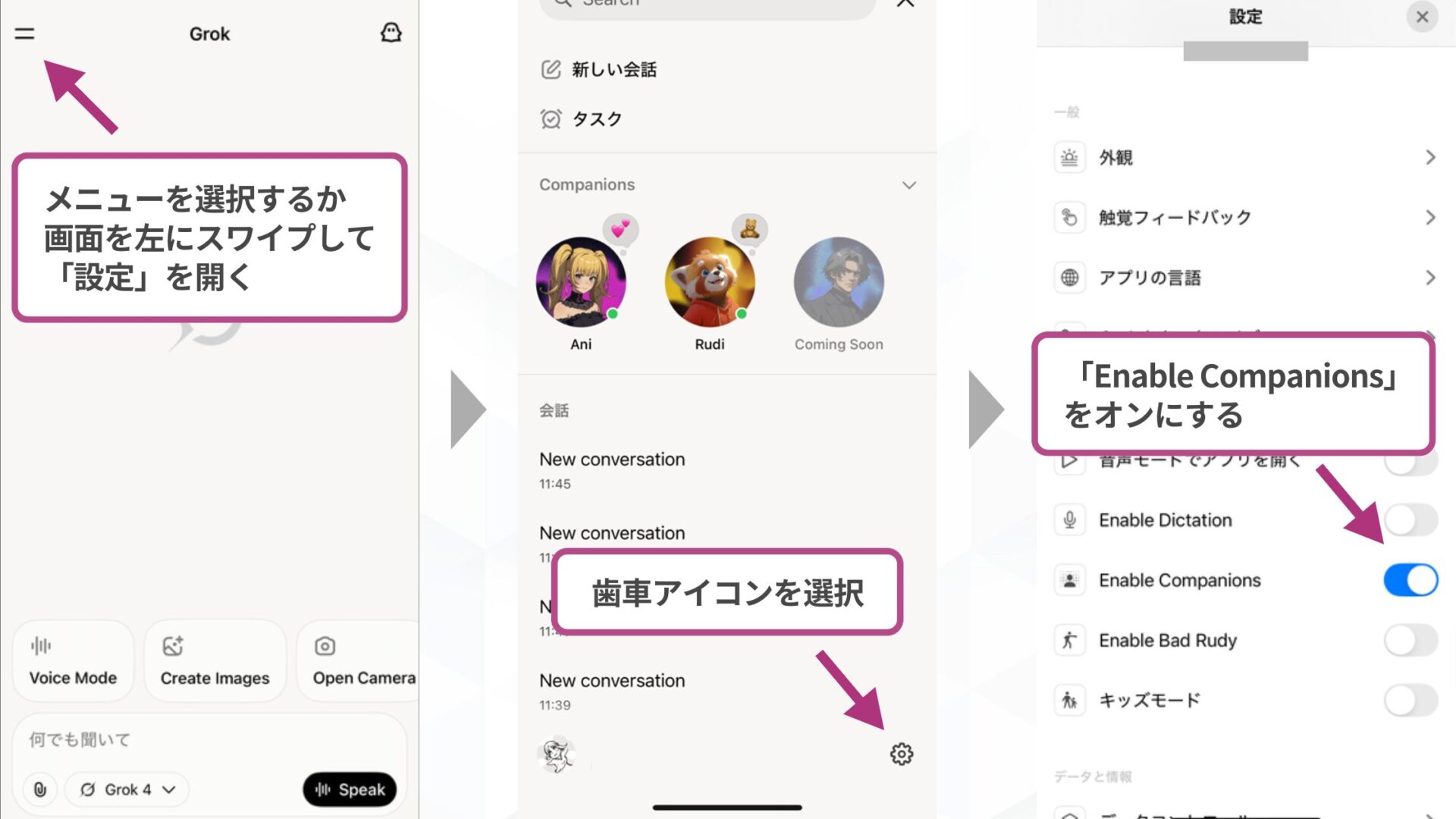 Grokのコンパニオンモードで美少女アバター「Ani」と話す方法(ステップ3：設定で「Enable Companions」をオンにする)