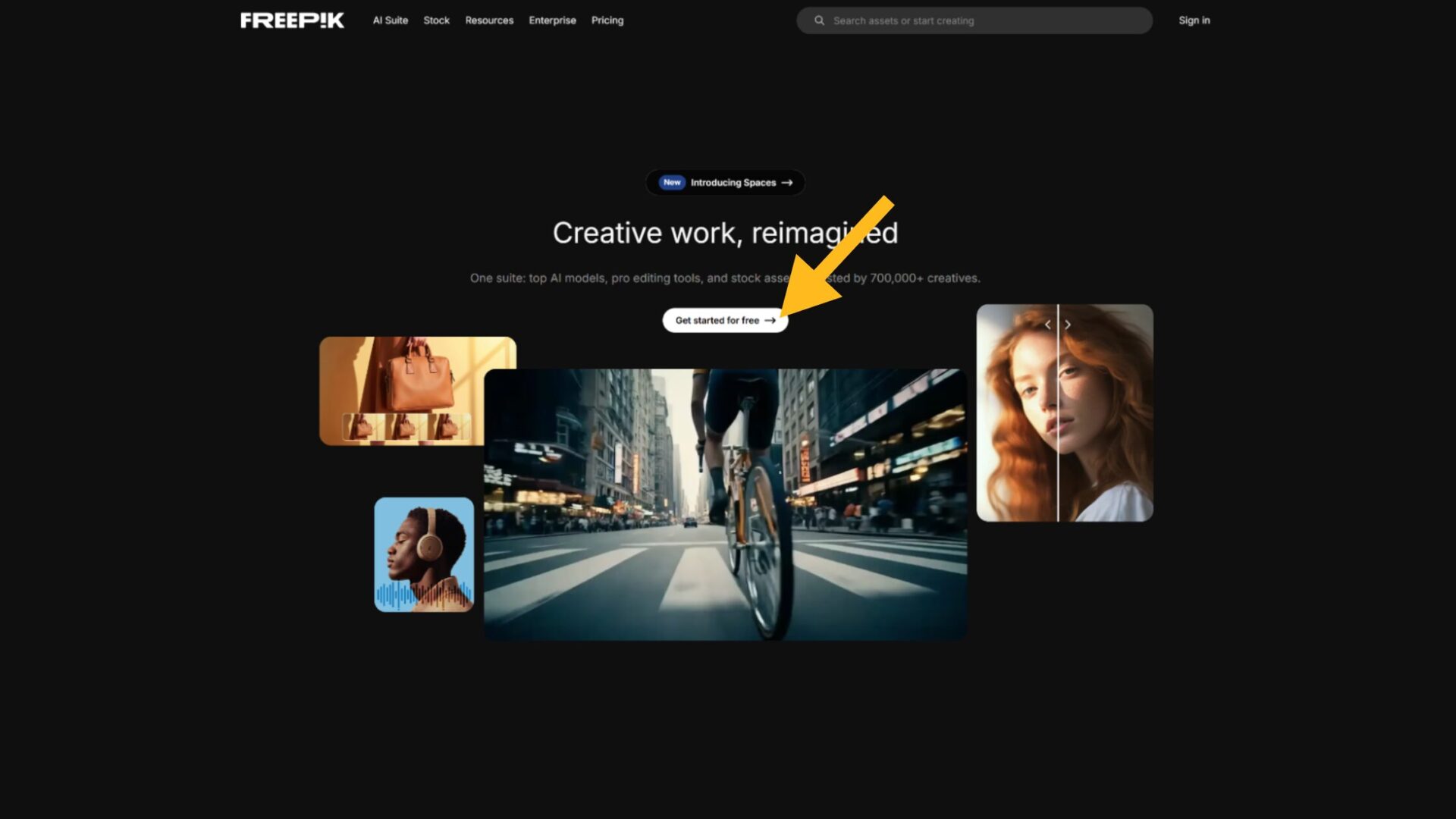 Seedreamの使い方Step1:Freepikのトップページで「Get started for free」ボタンを押す