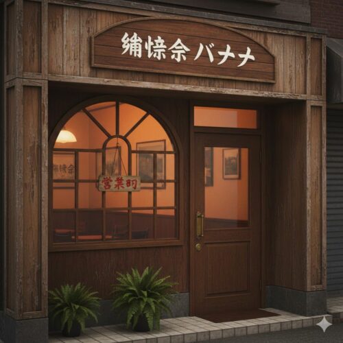 通常版Nano Bananaで生成された、看板の日本語テキストが一部崩れている喫茶店の画像。