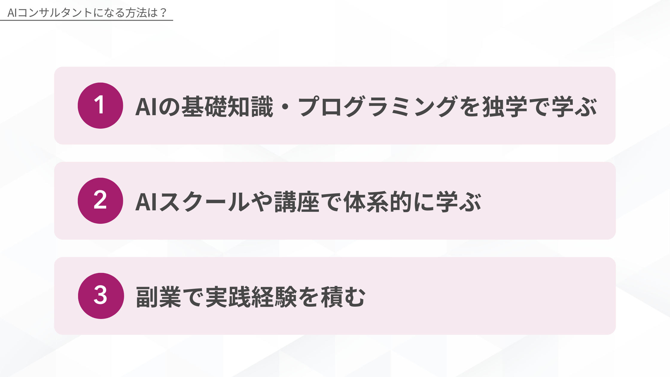 AIコンサルタントになる方法:1.AIの基礎知識・プログラミングを独学で学ぶ、2.AIスクールや講座で体系的に学ぶ、3.副業で実践経験を積む