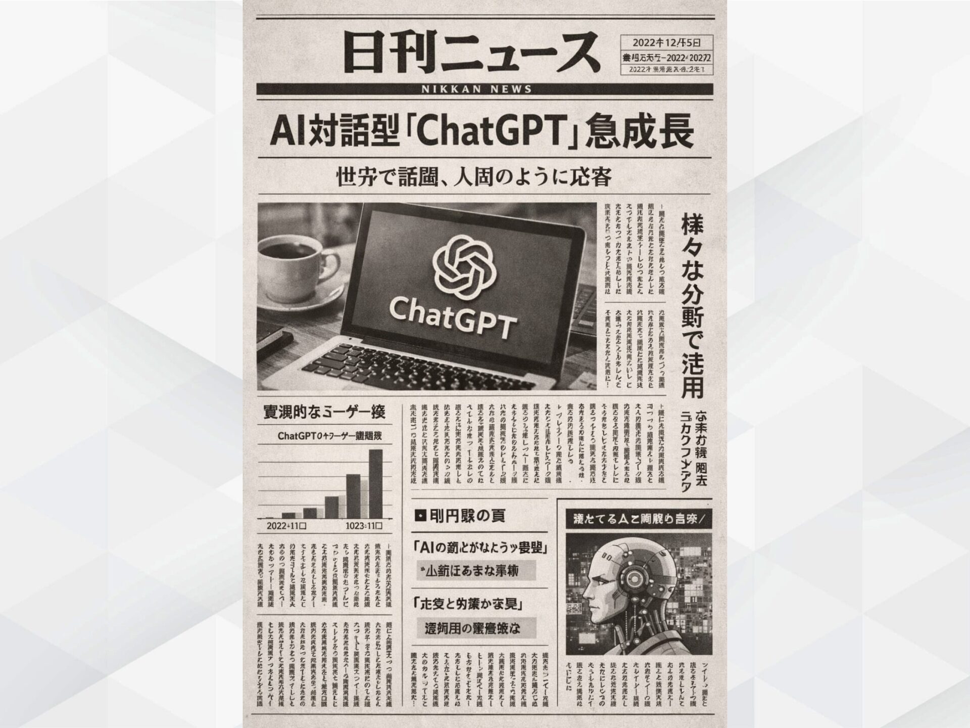 新聞記事風の生成画像:「AI対話型ChatGPT急成長」という見出しや、本文の細かな漢字まで崩れずに描写されている