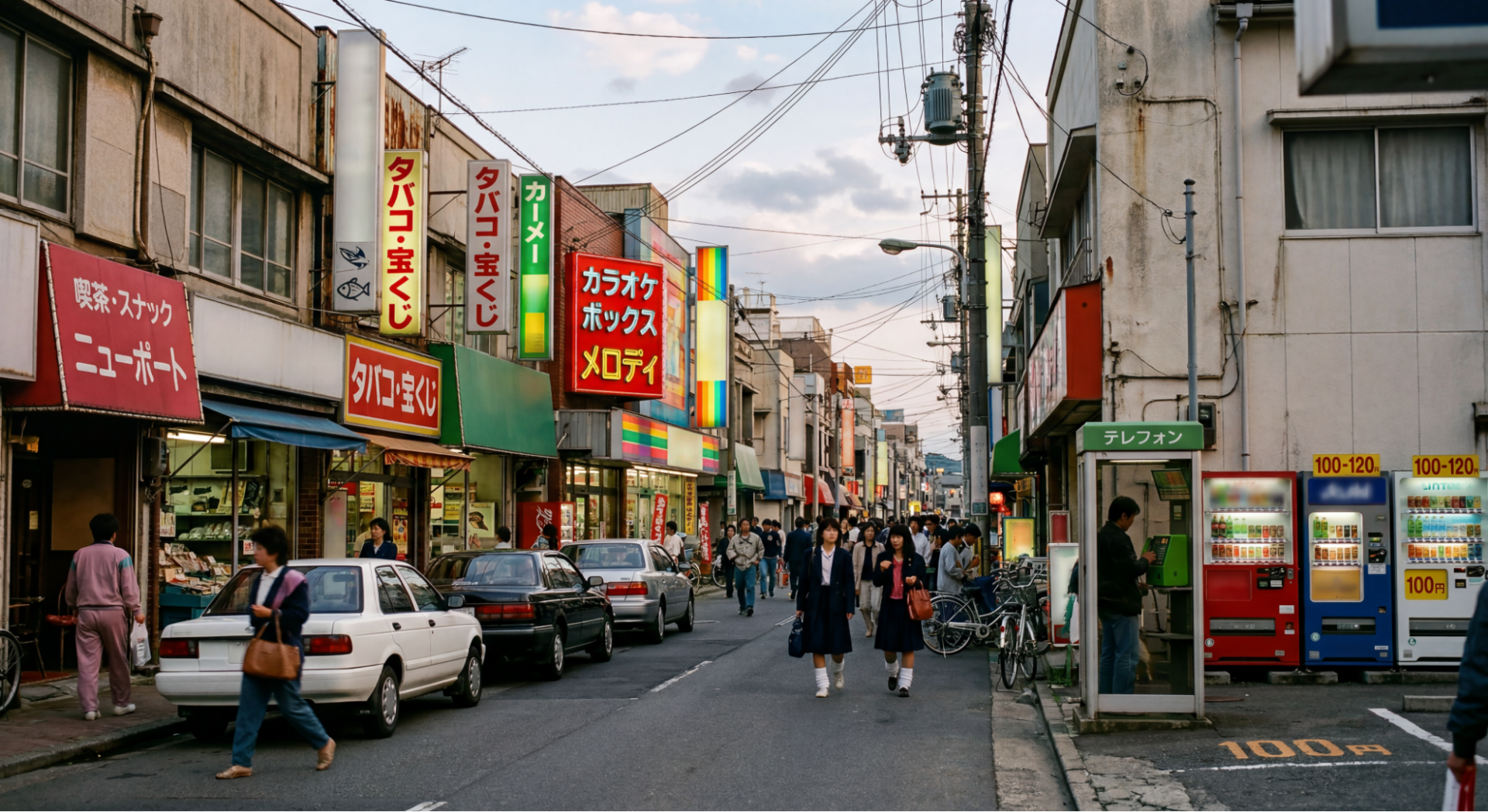 Nano Banana 2のThinkingモードで再現した1990年代の日本の町並み。当時の看板や服装がリアルに描写されている。