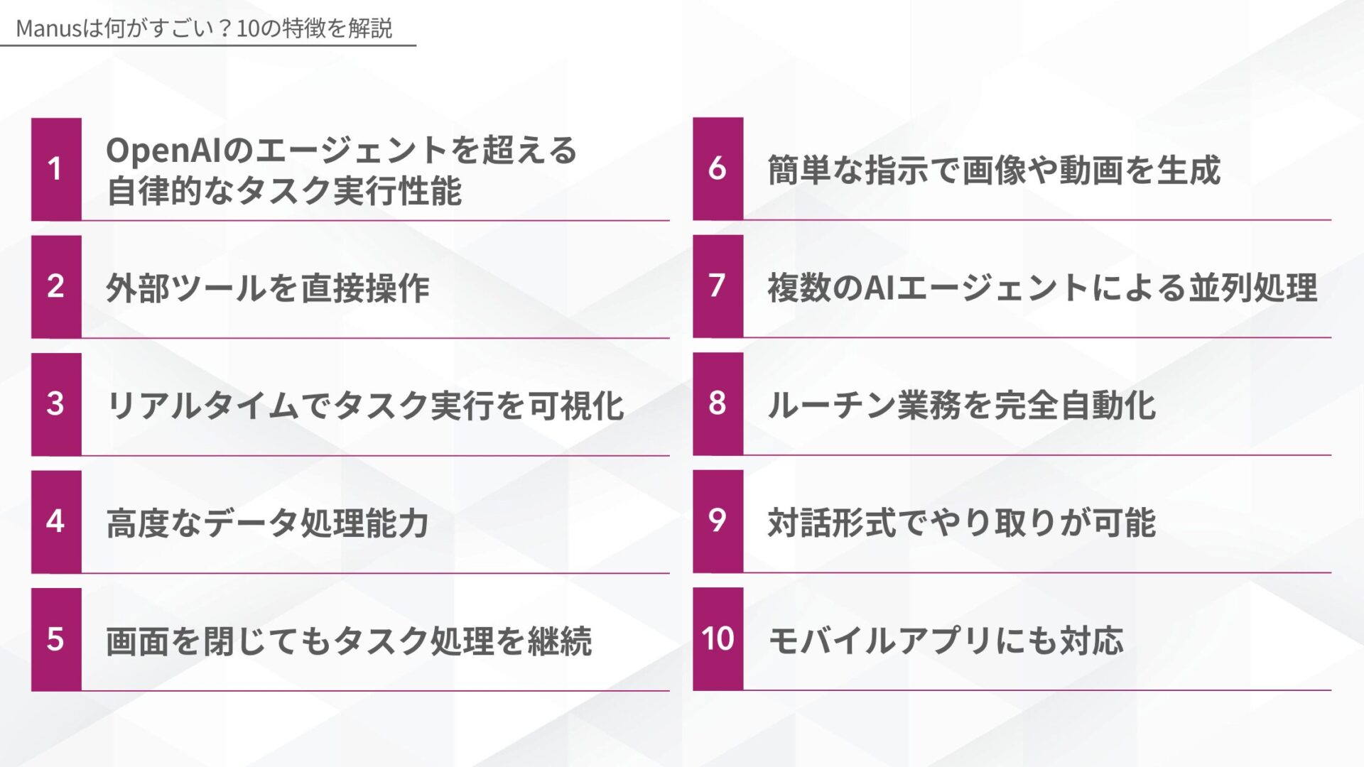 Manusは何がすごい？10の特徴を解説(OpenAIのエージェントを超える自律的なタスク実行性能/外部ツールを直接操作/リアルタイムでタスク実行を可視化/高度なデータ処理能力/画面を閉じてもタスク処理を継続/簡単な指示で画像や動画を生成/複数のAIエージェントによる並列処理/ルーチン業務を完全自動化/対話形式でやり取りが可能/モバイルアプリにも対応)