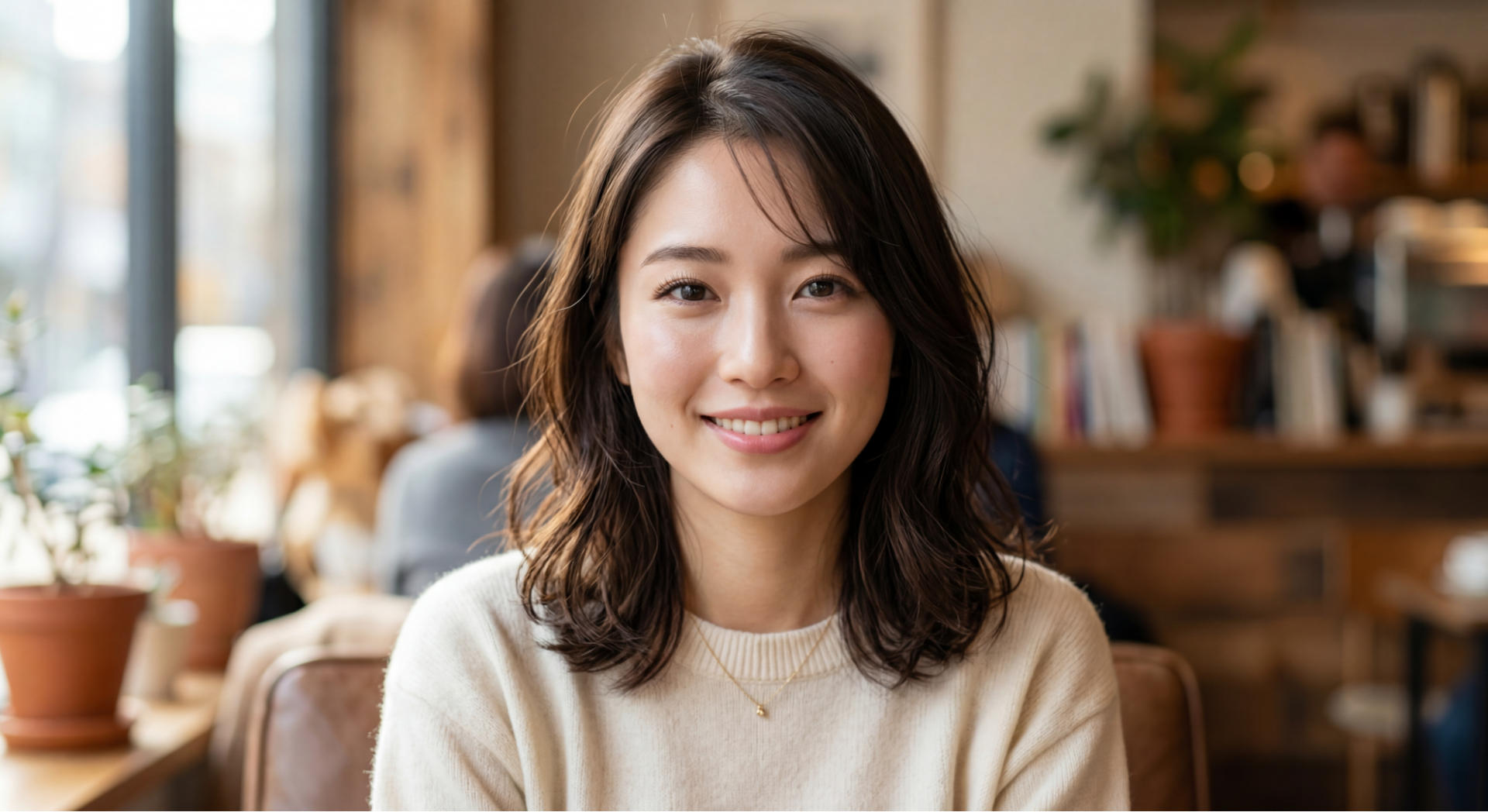 カフェで微笑む日本人女性のポートレート。Nano Banana 2による高精細な描写で、肌の質感や背景のボケが自然。