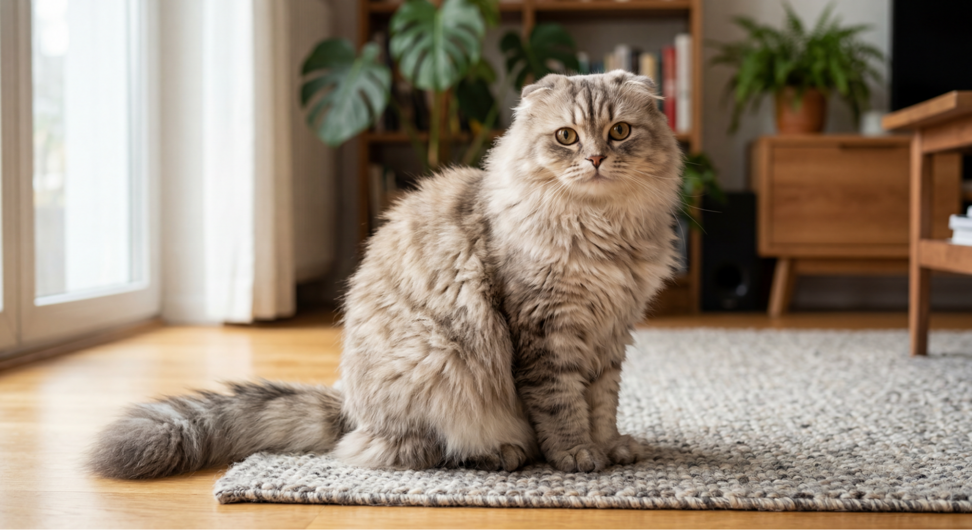 室内でこちらを見つめるスコティッシュフォールド。Nano Banana 2が毛並みの質感まで詳細に表現している。