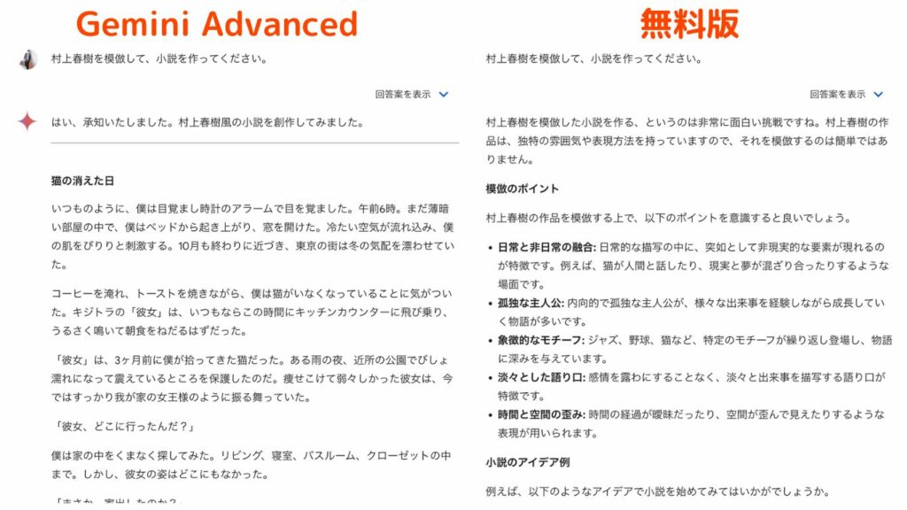 Gemini Advancedと無料版の文章生成の違いを表した画像