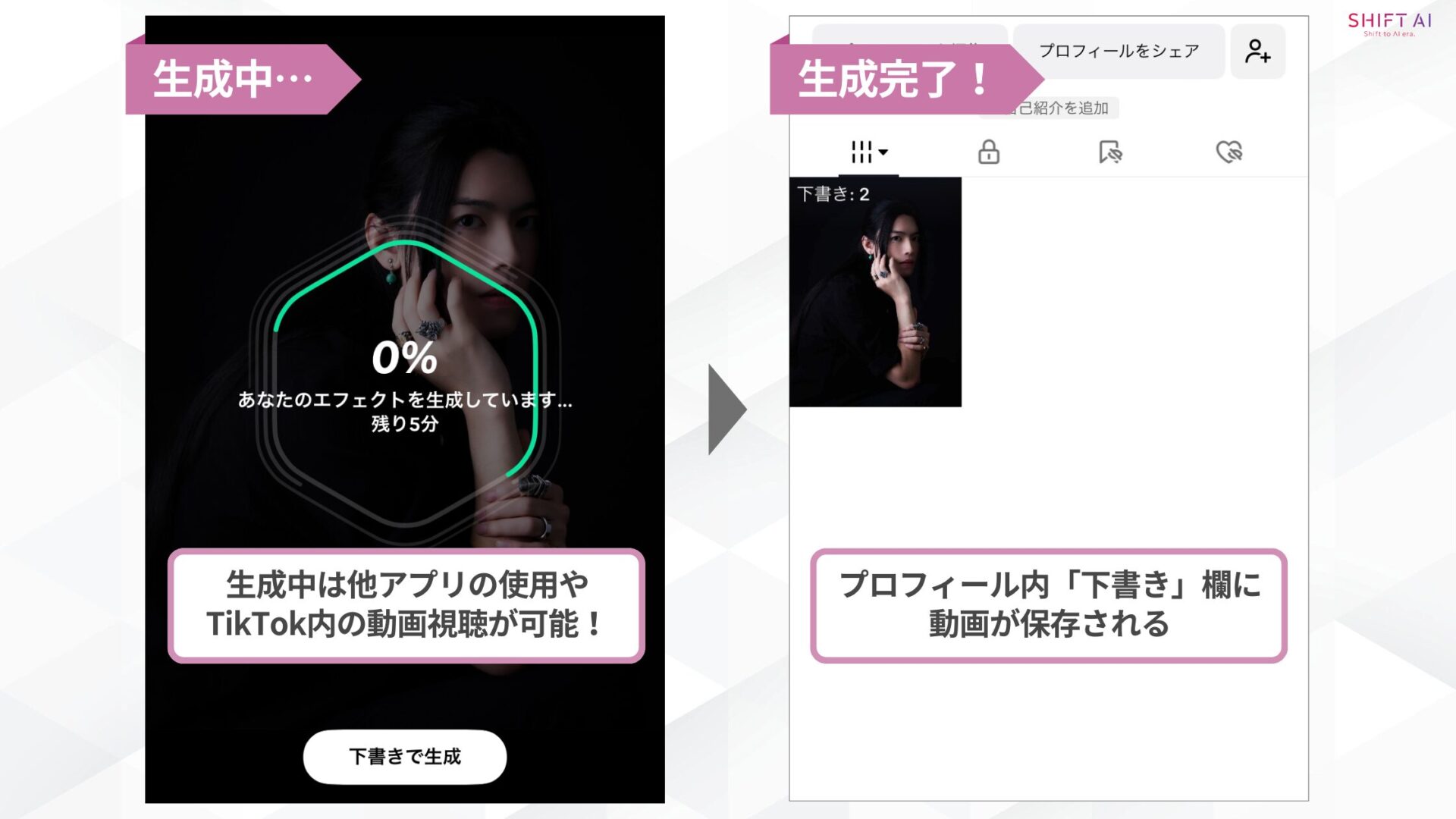 TikTokのAIマーメイド動画の作り方（⑥生成中は他アプリの使用や TikTok内の動画視聴が可能→プロフィール内「下書き」欄に 動画が保存される）