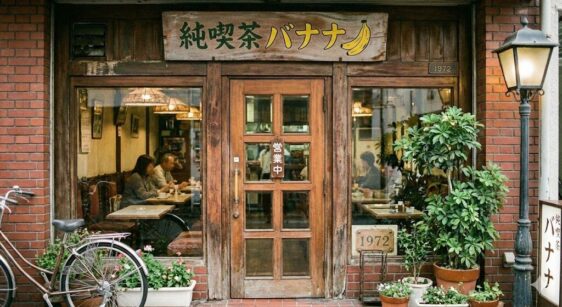 Nano Banana Proで生成された、看板の日本語を正確に描写したレトロな純喫茶の外観。