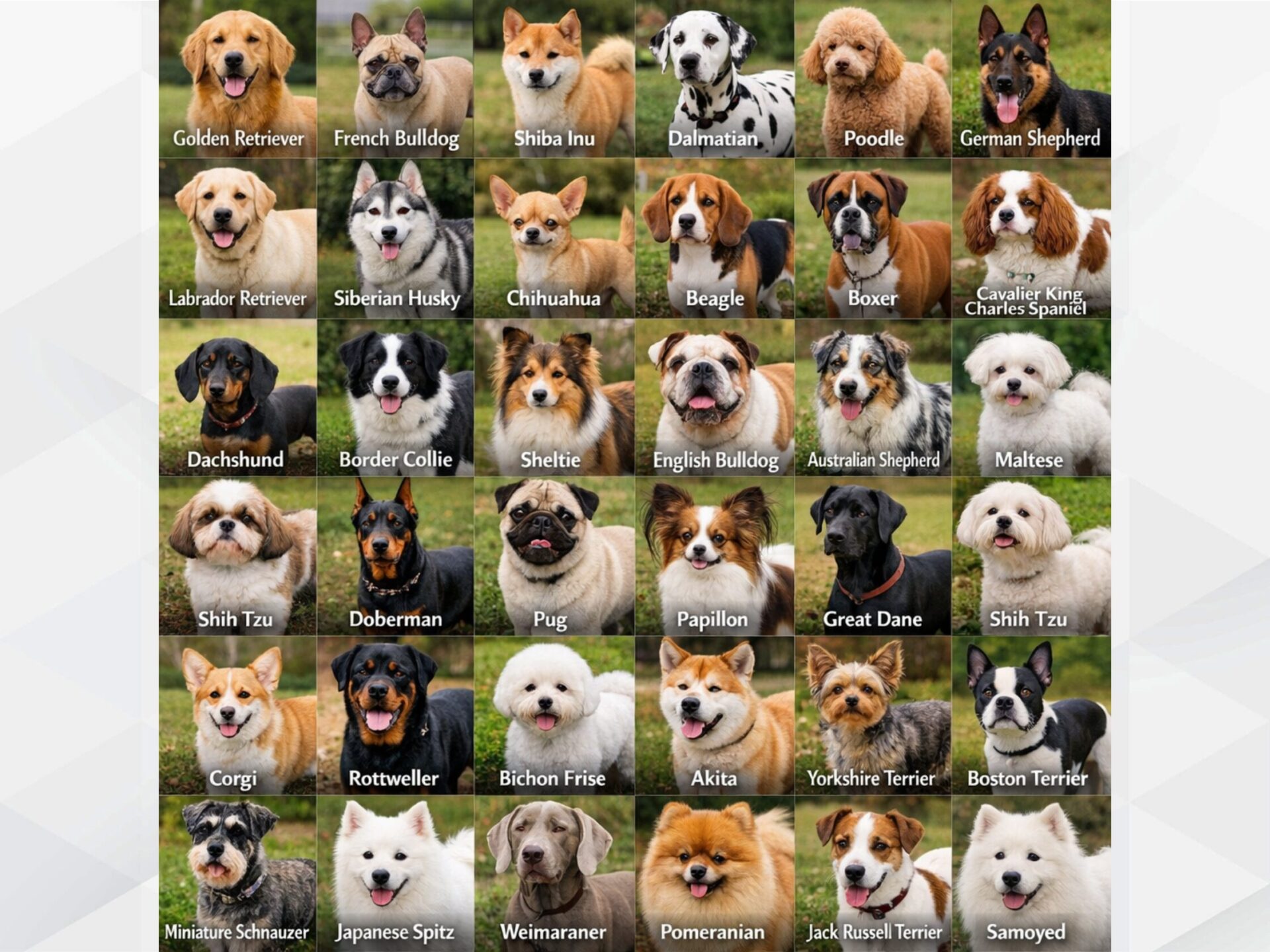 犬種一覧の画像:ゴールデンレトリバーや柴犬など、20種類以上の犬の顔が指示通りに整然とタイル状に並んでいる