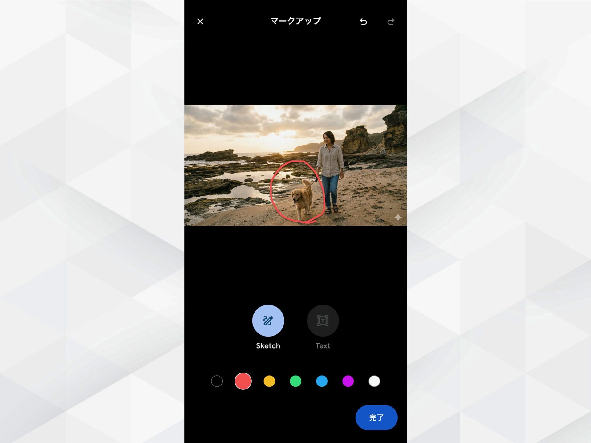 Geminiアプリの画像編集：生成した画像の犬の部分をマークアップ機能で囲む操作