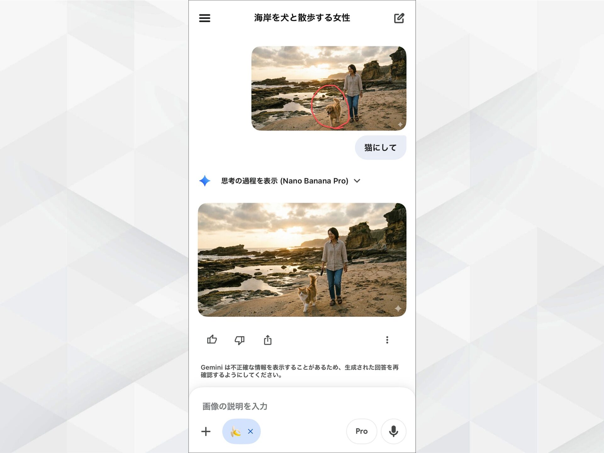 Geminiアプリの部分修正：マークアップした犬を猫に書き換えた生成結果