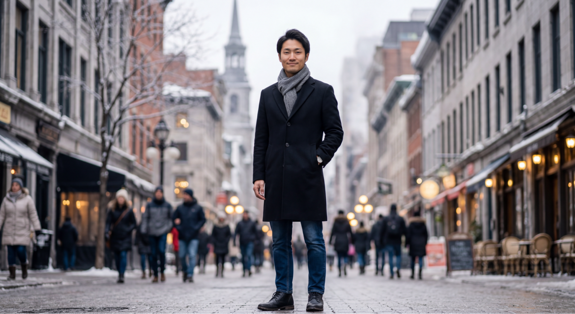 Nano Banana 2で生成した冬の装い。顔立ちを崩さずにマフラーとコートを着用させ、雪の降る街角へスタイルを変換。