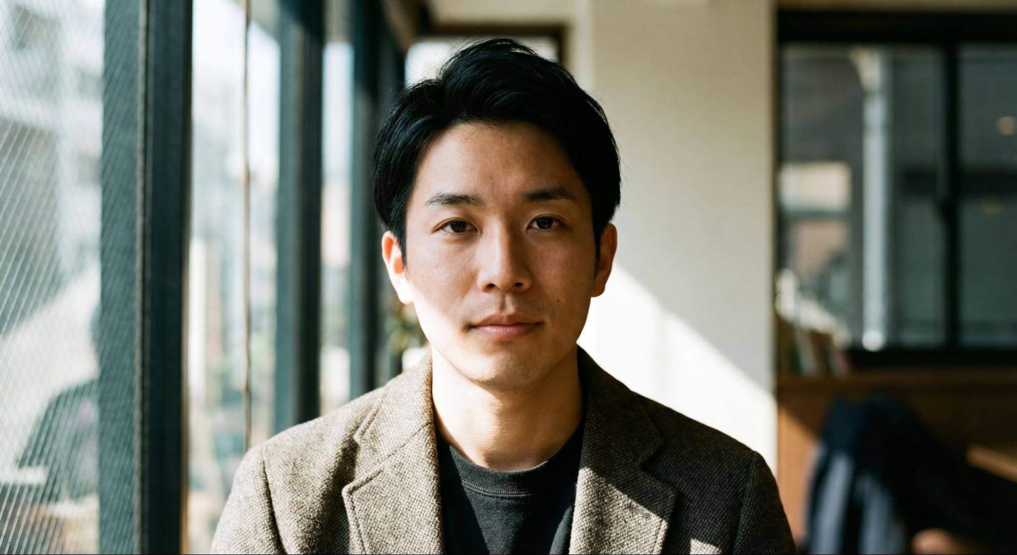 Nano Banana Proで生成した男性。柔らかな光が差し込む室内で、落ち着いた表情を見せる高精細なポートレート。