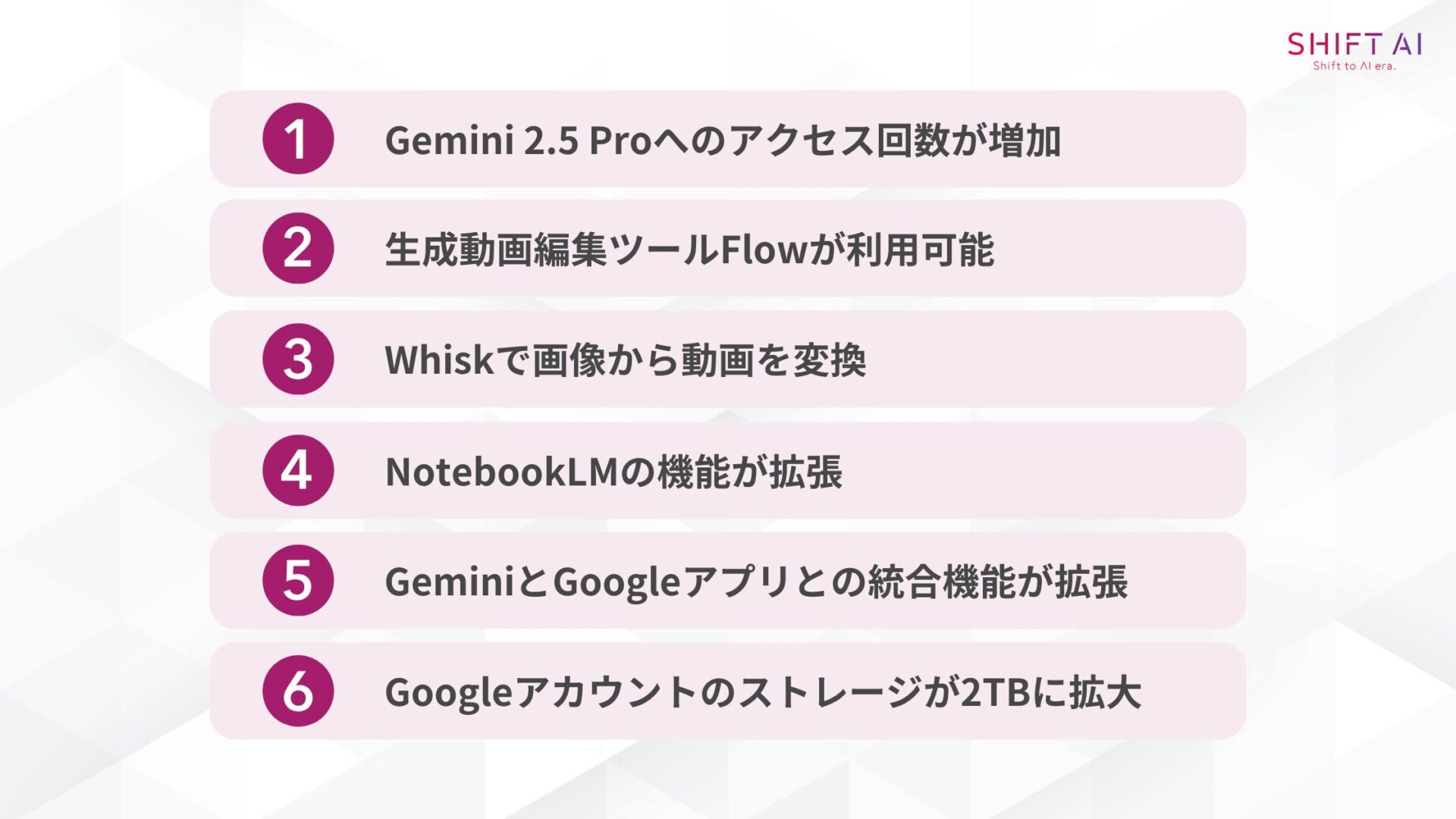 Google AI Proに加入するとできる6つのこと(Gemini 2.5 Proへのアクセス回数が増加/生成動画編集ツールFlowが利用可能/Whiskで画像から動画を変換/NotebookLMの機能が拡張/GeminiとGoogleアプリとの統合機能が拡張/Googleアカウントのストレージが2TBに拡大)