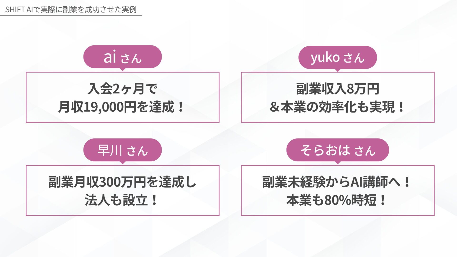 SHIFT AIで実際に副業を成功させた実例(【事例1】入会2ヶ月で月収19,000円を達成したaiさん/【事例2】副業収入8万円&本業の効率化も実現したyukoさん/【事例3】副業月収300万円を達成し法人も設立した早川さん/【事例4】副業未経験からAI講師へ!本業も80%時短したそらおはさん)