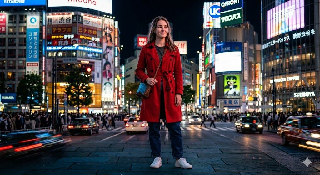 渋谷の夜景を背景にした女性。参照画像なしでNano Banana 2へ指示し、服装や背景の雰囲気を変更。