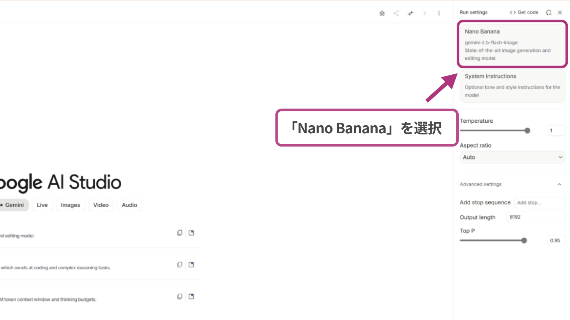 Google AI studioでNano Bananaに設定している画面のスクリーンショット