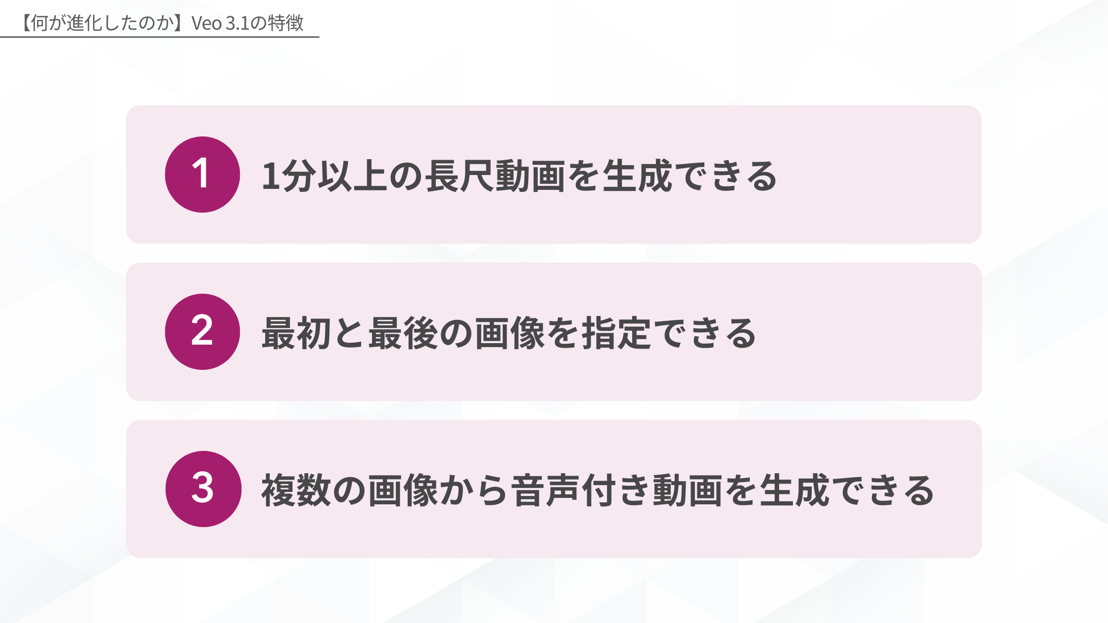 【何が進化したのか】Veo 3.1の特徴(1分以上の長尺動画を生成できる/最初と最後の画像を指定できる/複数の画像から音声付き動画を生成できる)