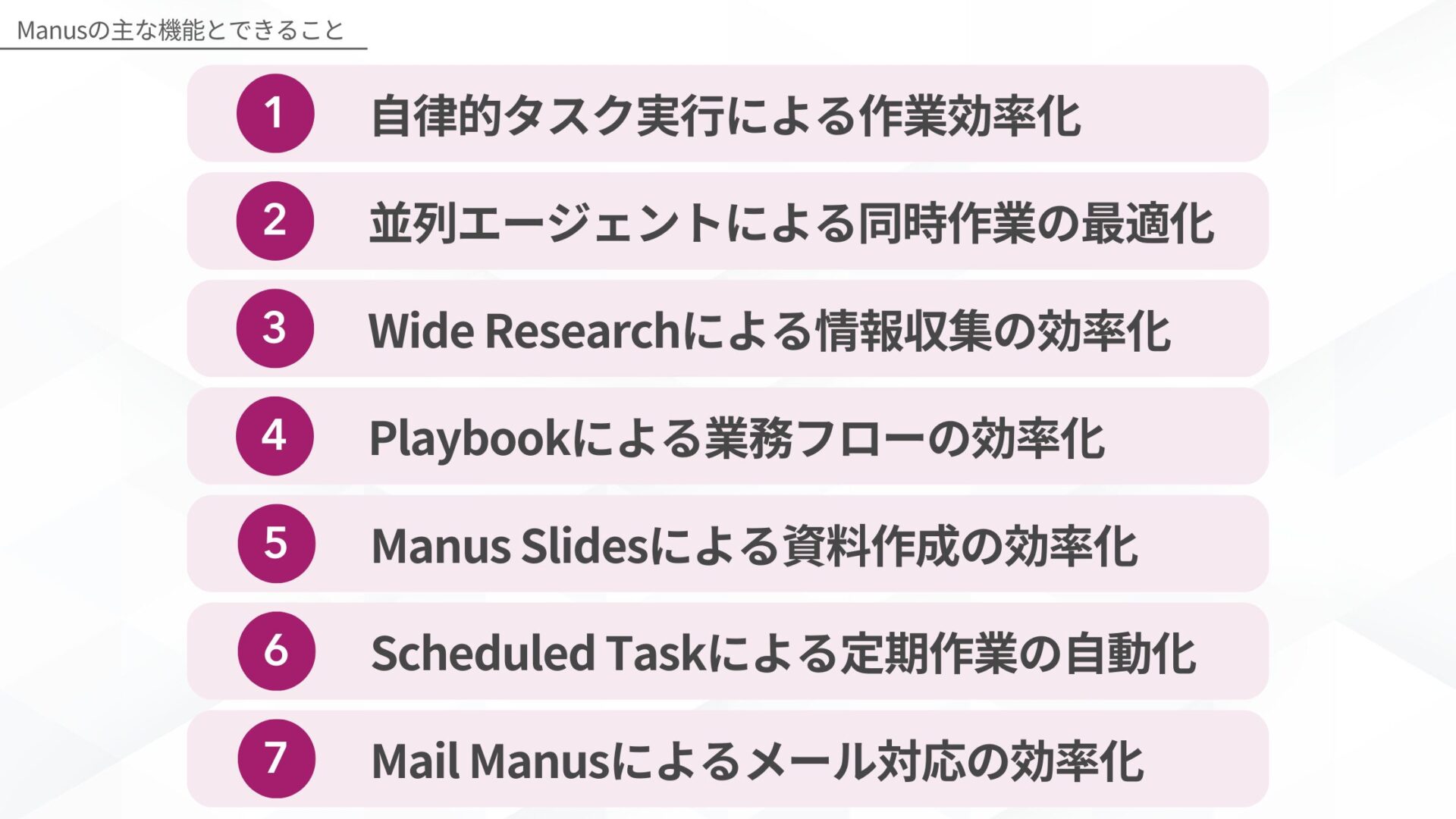 Manusの主な機能7つとできること(自律的タスク実行による作業効率化/並列エージェントによる同時作業の最適化/Wide Researchによる情報収集の効率化/Playbookによる業務フローの効率化/Manus Slidesによる資料作成の効率化/Scheduled Taskによる定期作業の自動化/Mail Manusによるメール対応の効率化)