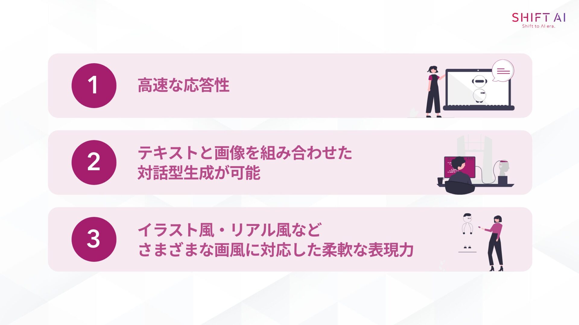 Gemini 2.0 Flash画像生成の特徴(高速な応答性/テキストと画像を組み合わせた対話型生成が可能/イラスト風・リアル風などさまざまな画風に対応した柔軟な表現力)