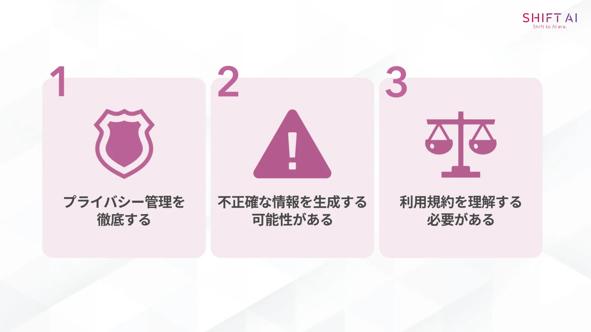 Geminiアプリを使用する際の注意点(プライバシー管理を徹底する/不正確な情報を生成する可能性がある/利用規約を理解する必要がある)