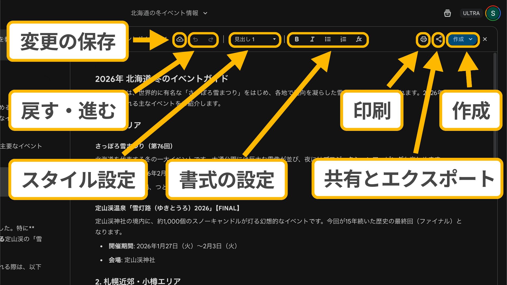 Gemini Canvasのツール群：変更の保存、戻す・進む、スタイル設定、書式の設定、印刷、共有とエクスポート、作成