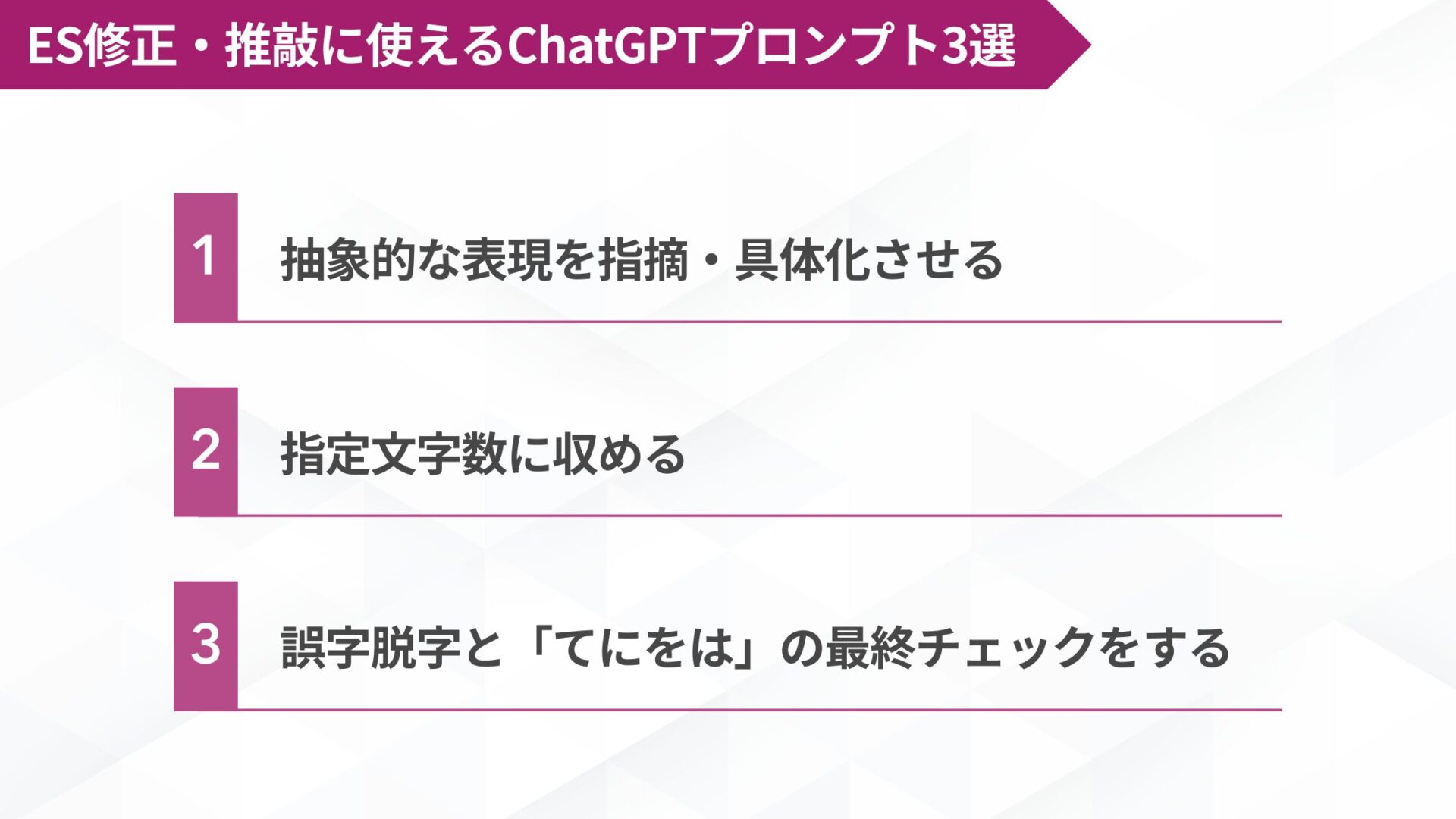 ES修正・推敲に使えるChatGPTプロンプト3選：1.抽象的な表現を指摘・具体化させる、2.指定文字数に収める、3.誤字脱字と「てにをは」の最終チェックをする