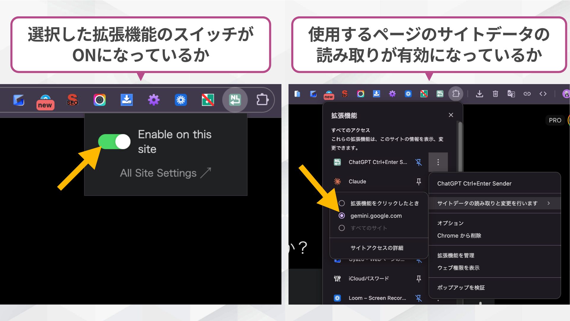 Chrome拡張機能のトラブルシューティング：1.選択した拡張機能のスイッチがONになっているか、2.Geminiのページでのサイトデータの読み取りが有効になっているかを確認する画面