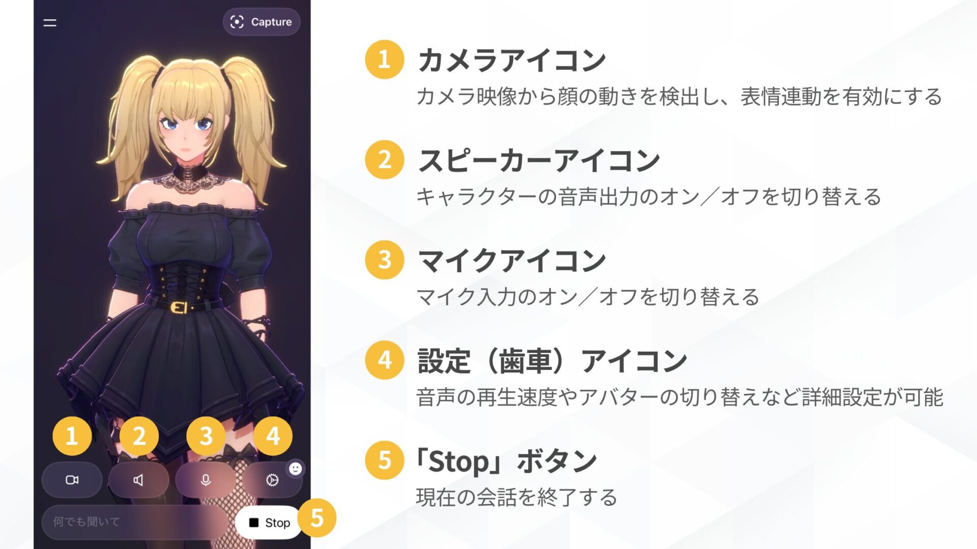 Grokのコンパニオンモードで美少女アバター「Ani」と話す方法(ステップ5：話しかけるまたは文字を入力する-画面下部の操作ボタンの説明) (2)