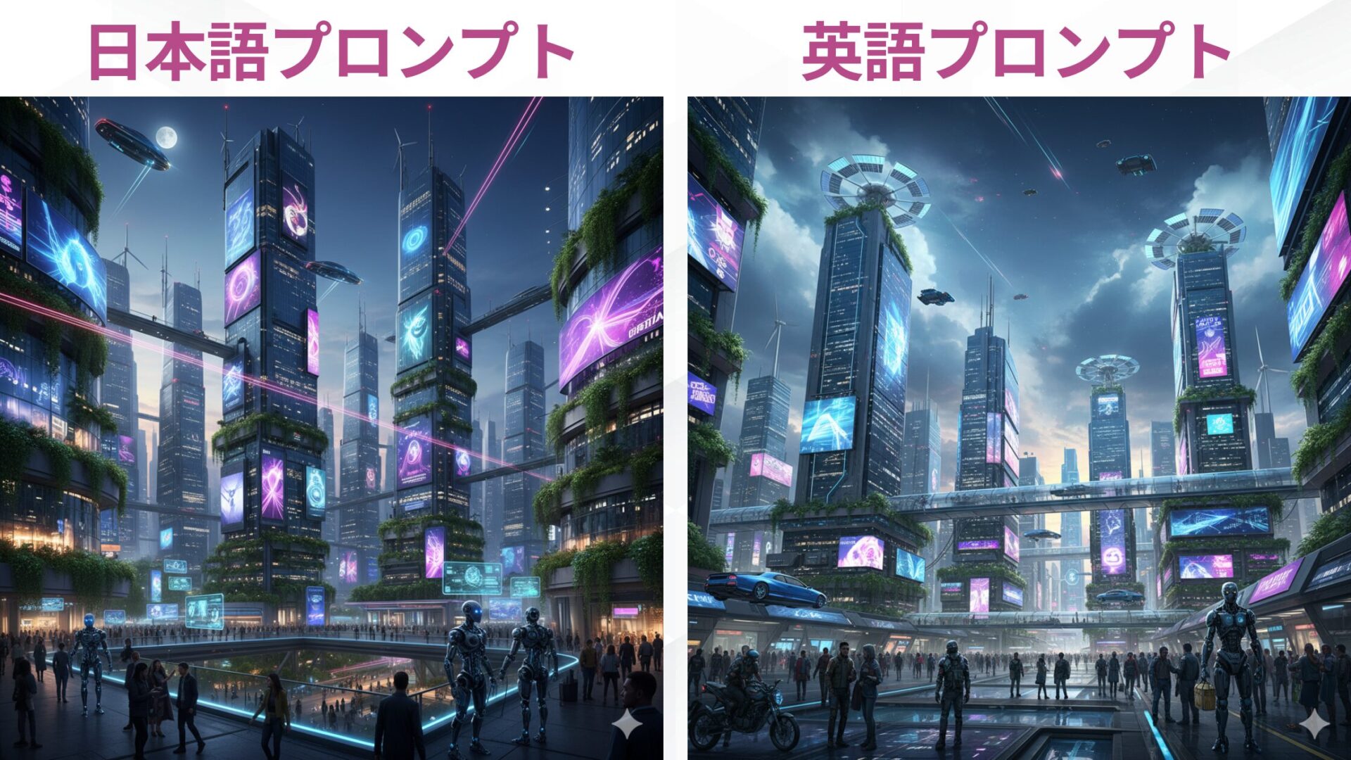 Nano Bananaで英語と日本語のプロンプトそれぞれで生成した未来都市のイメージ画像の比較