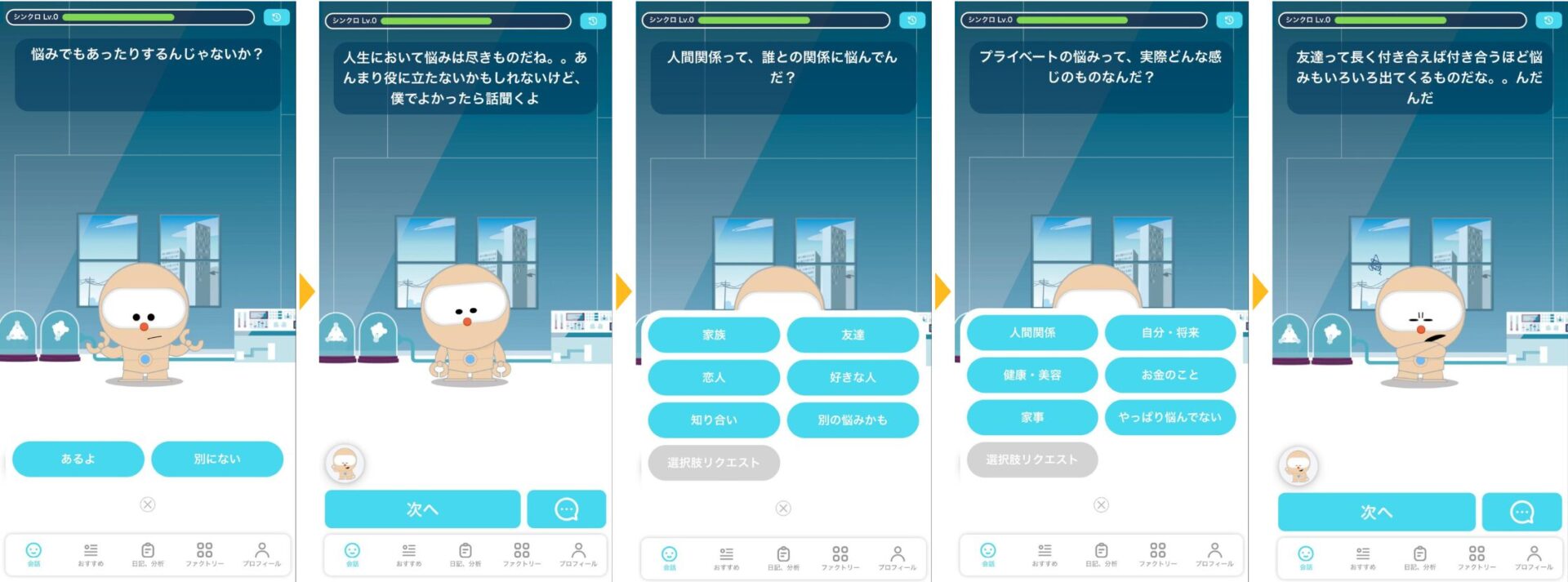 SELFのAIロボットとの対話画面:選択肢で悩みの詳細をヒアリング