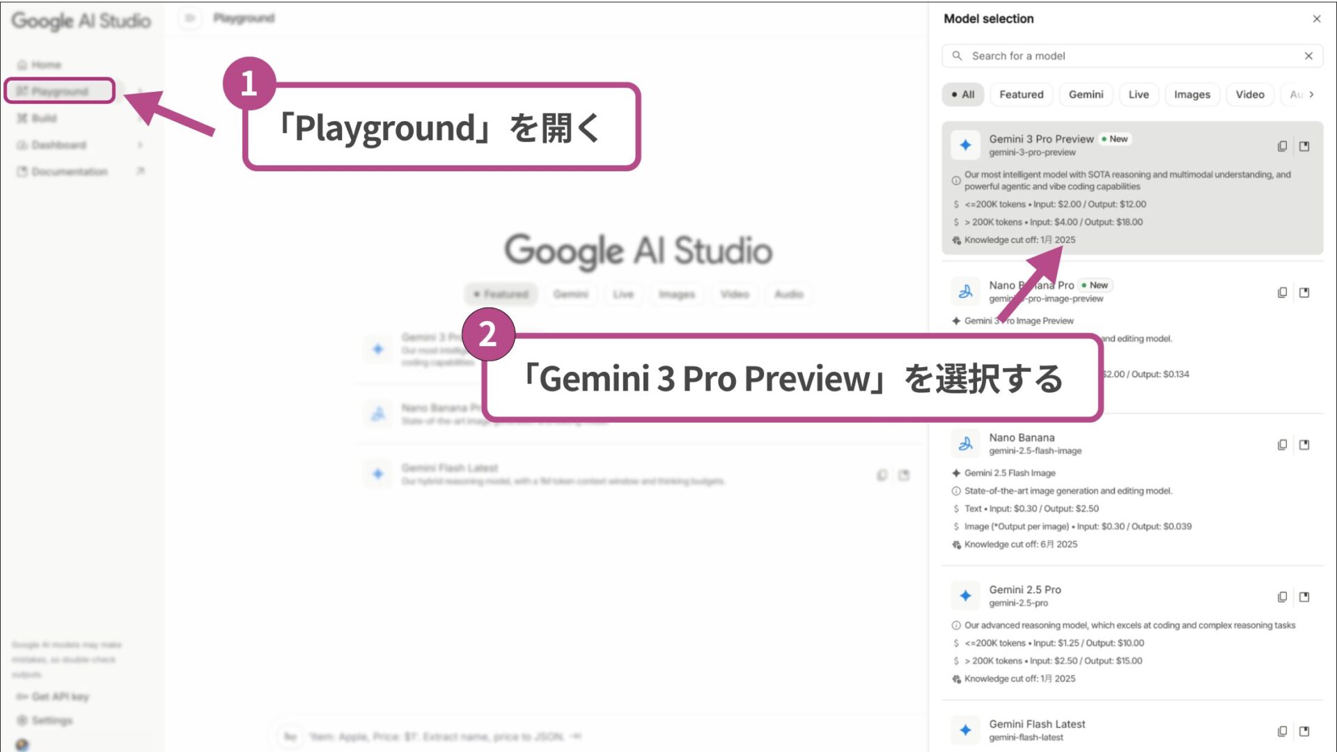 Google AI Studioでモデルを選択している画面